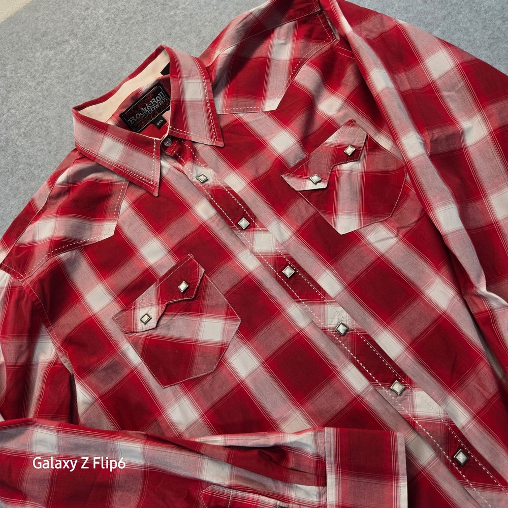 Rock and Roll Cowboy Mens XXL Red Plaid Pearl Snap Western Shirt B2S9352